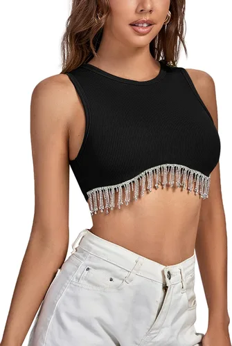 Miniatura 3 de Rooscier Camiseta corta sin mangas con diamantes de imitación acanalados para mujer