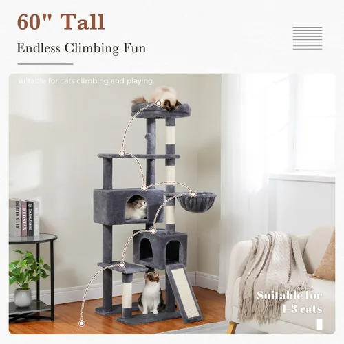 Miniatura 3 de PAWZ Road Árbol para gatos, torre para gatos de 60 pulgadas con condominios dobles, perca espaciosa, cesta acogedora y postes rascadores cubiertos