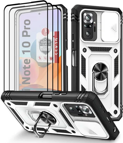 Miniatura 11 de Funda para Xiaomi Redmi Note 10 Pro, Redmi Note 10 Pro MAX con 3 protectores de pantalla de vidrio templado con soporte de anillo integrado + Negro