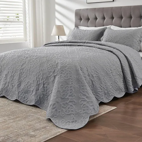 Miniatura 17 de Kingnex Juego de colcha tamaño King de 106 x 96 pulgadas, suave, ligera, acolchada, 3 piezas, 1 edredón y 2 fundas de almohada, color gris oscuro