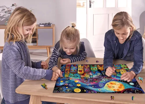Miniatura 7 de Rompecabezas de casas coloridas para adultos de 1000 piezas, rompecabezas de paisaje nocturno de pueblo, rompecabezas abstracto de cielo estrellado