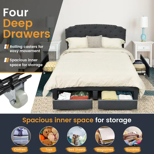 Miniatura 3 de Giantex Base de cama tapizada, cama de tamaño matrimonial con 4 cajones de almacenamiento y cabecera ajustable con botones, soporte de listones
