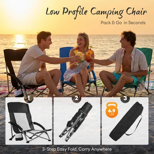 Miniatura 7 de NEWBULIG Silla de playa plegable para adultos, silla de césped de perfil bajo con portavasos y bolsa de transporte, asiento extra ancho y respaldo