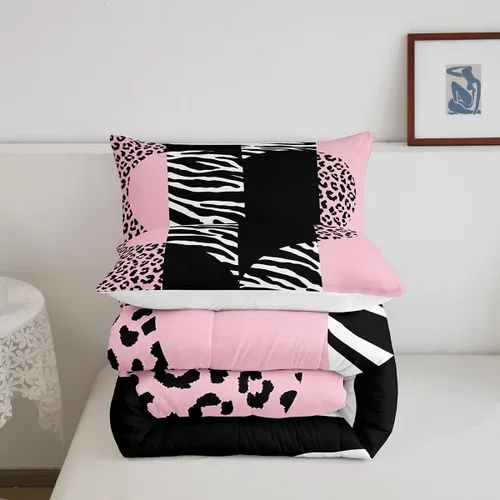 Miniatura 5 de Castle Fairy Juego de edredón con estampado de leopardo rosa y negro, juego de colcha de retazos de piel de cebra, tamaño King, para niños, niñas