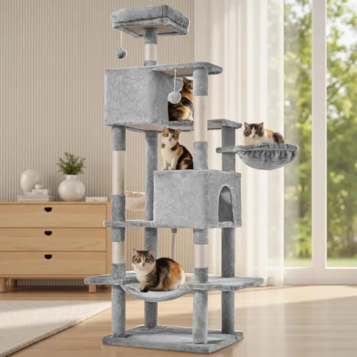 Miniatura 7 de Árbol grande para gatos de 66 pulgadas, torre de árbol para gatos de varios niveles con condominio, perchas, postes rascadores de sisal y hamaca