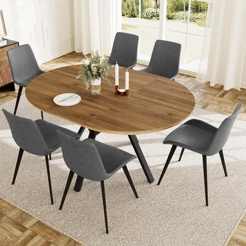 HIPIHOM Juego de mesa de comedor redonda extensible para 6 personas, mesa de cocina extensible de 43.3 a 59.1 pulgadas con 6 sillas tapizadas, Mesa