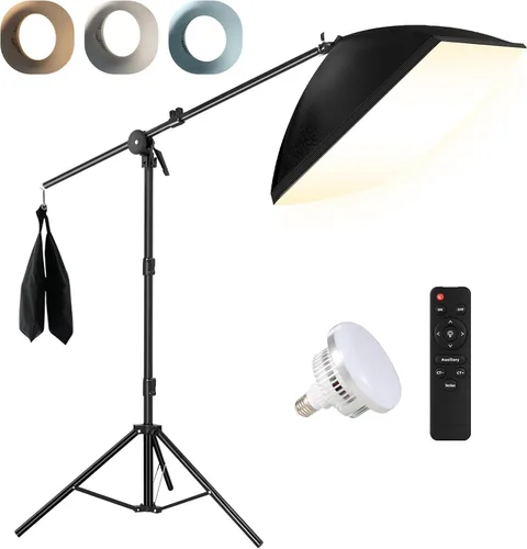 NiceVeedi Softbox Kit de iluminación para fotografía, 20 x 28 pulgadas, 85 W, 3000 K-6000 K, bombilla LED E27, kit de iluminación con brazo de pluma