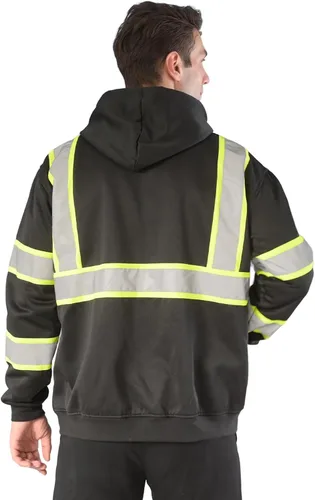 Miniatura 2 de SEsafety Sudadera con capucha con cremallera de alta visibilidad, sudadera de seguridad reflectante clase 3 con parte inferior negra, chaqueta