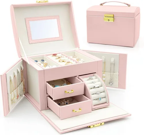 MUEUSS Caja organizadora de joyas para niñas y mujeres, regalo ideal, joyero portátil de viaje con espejo y cerradura para collar, aretes, anillos,