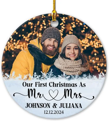 Miniatura 13 de Adorno personalizado de primera Navidad para casados, adornos de cerámica de Navidad con foto foto boda matrimonio nombre personalizado recuerdo 1ª