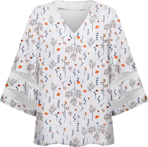 Miniatura 3 de Blusas de tubo para mujer, estilo hawaiano, manga 34, cuello en V, encaje de retazos, para festivales, tallas grandes, ajuste floral, blusas