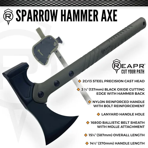 Miniatura 2 de Reapr Hacha de martillo táctico Sparrow – Hacha de supervivencia de 15.25 pulgadas con cabeza de acero inoxidable 2 en 1 para cortar y martillar