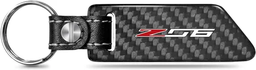 iPick Image Para Chevrolet Corvette C7 Z06 Negro Real Fibra de Carbono Estilo Hoja con Correa de Cuero Negro Llavero Llavero, Con Licencia Oficial,