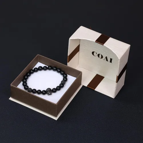 Miniatura 7 de COAI Pulsera de piedra de obsidiana brillante de plata con calavera