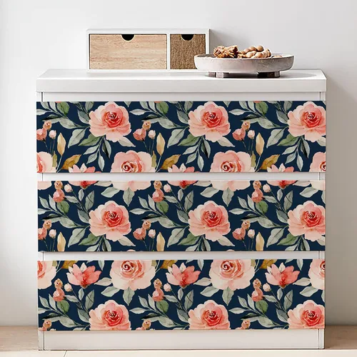 Miniatura 3 de Papel tapiz floral con fondo azul marino, autoadhesivo, extraíble, acuarela, flores, vinilo, papel de pared para estantería, encimera, decoración