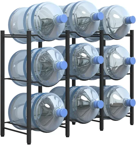 Mocomax Estante para jarras de agua de 5 galones - Soporte desmontable para 9 botellas, estante resistente de enfriamiento de 3 niveles, organizador