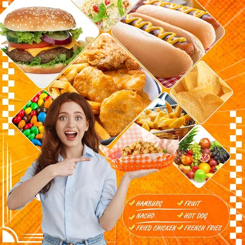 Miniatura 3 de Uiifan 24 cestas de comida para servir con 100 forros de delicatessen, cestas de comida rápida de 10.5 x 7 pulgadas, bandejas de servicio de Naranja
