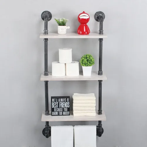 Miniatura 2 de MBQQ Estante de tubería industrial para baño, estantes montados en la pared, estante de madera rústica de 19.6 pulgadas con toallero, toallero