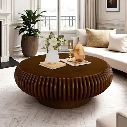 Miniatura 11 de Mesa de centro redonda acanalada de 31.5 pulgadas, moderna mesa de centro de madera para sala de estar, mesa central de alivio hecha a mano