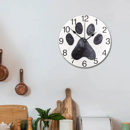 Miniatura 5 de Reloj de pared con estampado de pata de perro negro, reloj de madera de 10 pulgadas, silencioso, sin tictac, funciona con pilas, para sala de estar