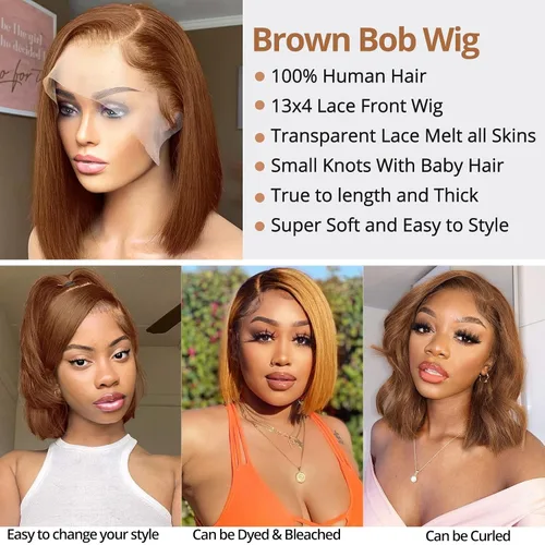 Miniatura 2 de Peluca de cabello humano marrón con encaje frontal HD de 13 x 4 pulgadas, peluca corta estilo Bob para mujeres negras, prearrancada con abuelitos