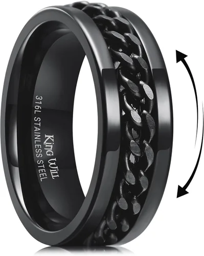 Miniatura 46 de King Will - Anillo antiestrés de acero inoxidable 316L para hombres y mujeres, con cadena decorativa giratoria, 8 mm de ancho, anillo de boda