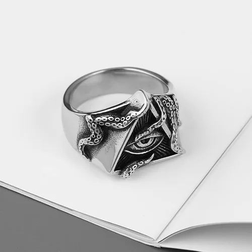 Miniatura 3 de HZMAN Anillo de ojo de la Providencia, estilo vintage, triangular, estilo tentáculo, para hombre, punk de acero inoxidable, resistente, para todo lo
