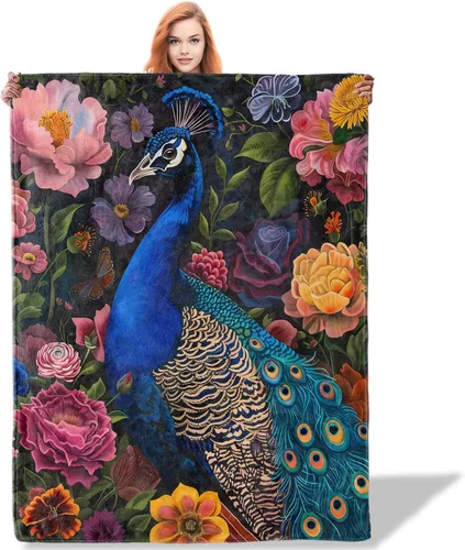 Manta floral de pavo real, 40 x 50 pulgadas, mantas de pájaros exóticos para decoración de dormitorio, manta de franela de jardín, regalos para