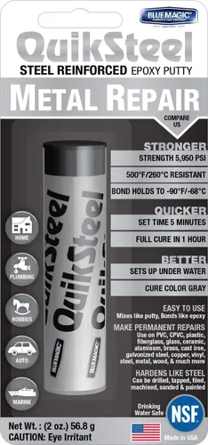 Blue Magic 16002TRI QuikSteel Reparación de masilla epoxi reforzada con acero, paquete blíster - 2 oz, gris