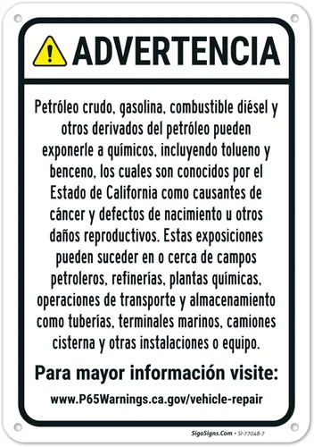 Señal español de advertencia para petróleo crudo, gasolina, combustible diésel, otros productos petrolíferos, 10 x 7 pulgadas, aluminio 040 libre de