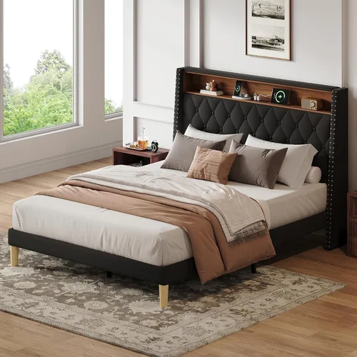 Miniatura 10 de WLIVE Base de cama tapizada de tamaño matrimonial con cabecera de ala de 48 pulgadas de alto, cama cuadrada de terciopelo con estación de carga