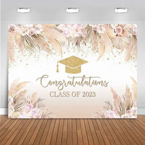 Miniatura 8 de Mocsicka Fondo de fiesta de graduación bohemio para clase de 2023, bohemio, elegante, rosa, flores doradas, gorra de despedida de soltero dorada