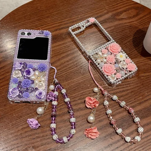 Miniatura 7 de Changjia Funda para Samsung Galaxy Z Flip 5 con brillantina, bonita funda de lujo con diamantes de imitación 3D con diamantes de imitación y flores