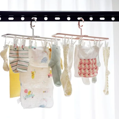Miniatura 3 de Percheros de secado de ropa, paquete de 2 perchas portátiles plegables pequeñas con 12 clips, gancho giratorio de 360° para calcetines, toallas