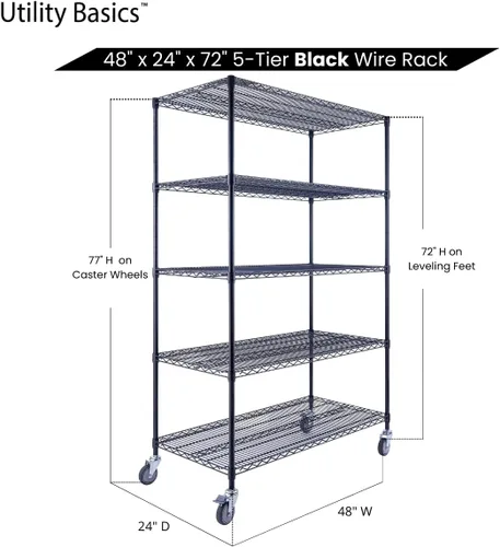 Miniatura 7 de NSF - Estantería comercial de alambre de 5 niveles con ruedas, estantes de metal resistente de 48 x 24 x 72 pulgadas, capacidad máxima de 4000 Negro