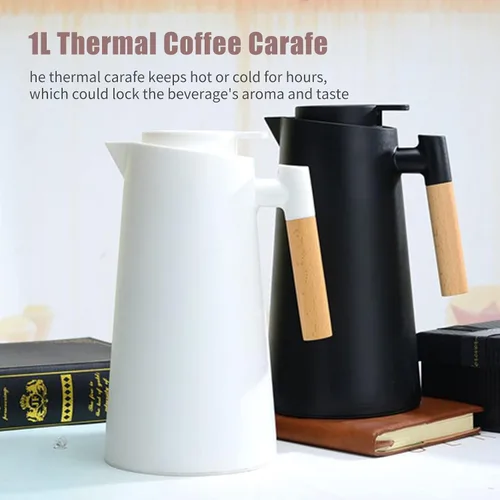 Miniatura 5 de Jarra térmica de doble pared de 1 litro, olla térmica al vacío con mango de madera, hervidor de agua, frasco aislado, jarra de té que mantiene