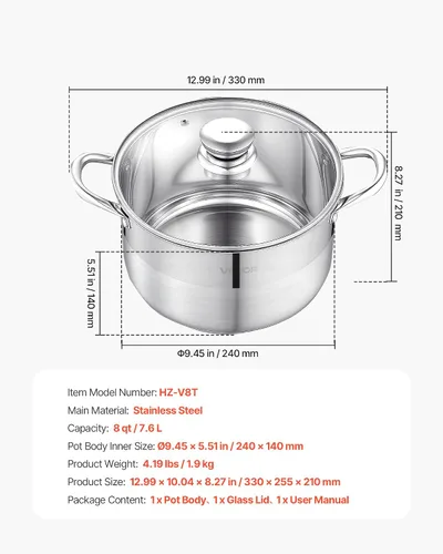 Miniatura 7 de VEVOR Olla de acero inoxidable, olla de acero inoxidable de 8 cuartos con tapa de vidrio, sin PFOA, sin PFAS, compatible con estufas de gas, cocinas