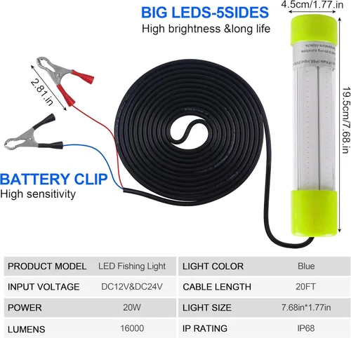 Miniatura 3 de Luz de pesca subacuática súper brillante de 16000 lúmenes, 20 W, 12 V, LED, sumergible, buscador de cebo de pesca nocturna, luz de caída profunda