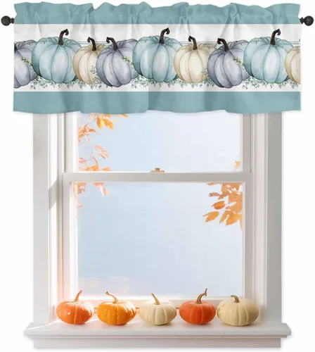 Cenefa de otoño para ventanas, cortinas de calabaza azul, cenefas de cosecha de Acción de Gracias, cenefa con bolsillo para barra, cortinas cortas