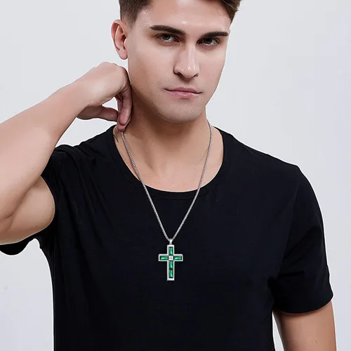 Miniatura 51 de Collar de cruz para hombre, piedras preciosas de color piedra natal de circonita cúbica, collar de acero inoxidable para hombre, cadena de 24