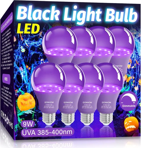 Miniatura 9 de Gonhom Paquete de 2 bombillas LED negras A19, regulables de 9 W (equivalente a 100 W), base E26 de 110 V, nivel UVA 385-400 nm, brilla
