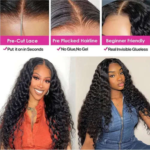 Miniatura 4 de Pelucas de cabello humano rizado con ondas profundas de 5 x 5 HD, sin pegamento, precortadas, con encaje frontal, para mujeres negras, color negro