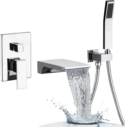 Miniatura 11 de Grifo de llenado de bañera romana con boquilla de cascada montado en la pared, grifo de ducha de bañera de una sola manija con ducha de mano