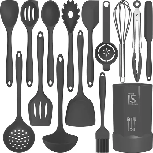 Miniatura 12 de AOTHOD Juego de utensilios de cocina de silicona, resistentes al calor, pinzas giratorias, espátula, cuchara, cepillo, batidor, juego de Negro