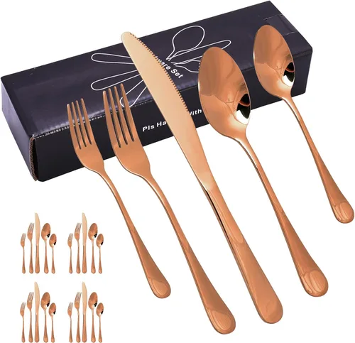 Miniatura 14 de Juego de cubiertos de acero inoxidable, juego de vajilla de 20 piezas, elegante cuchillo, tenedor, cuchara, cubiertos, servicio para 4 (dorado)