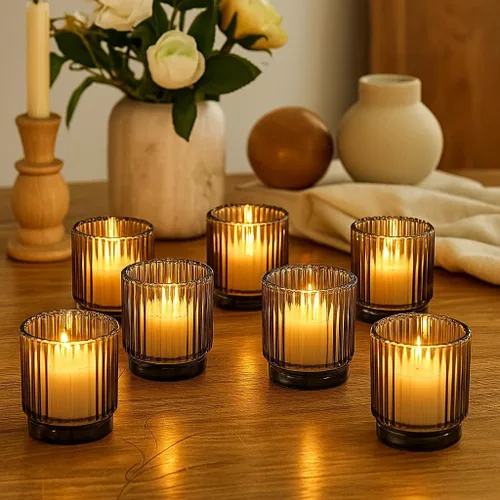 Miniatura 4 de Koyal Wholesale Portavelas votivas de vidrio acanalado gris claro a granel, paquete de 6 portavelas acanalado gris claro, portavelas votivas grandes