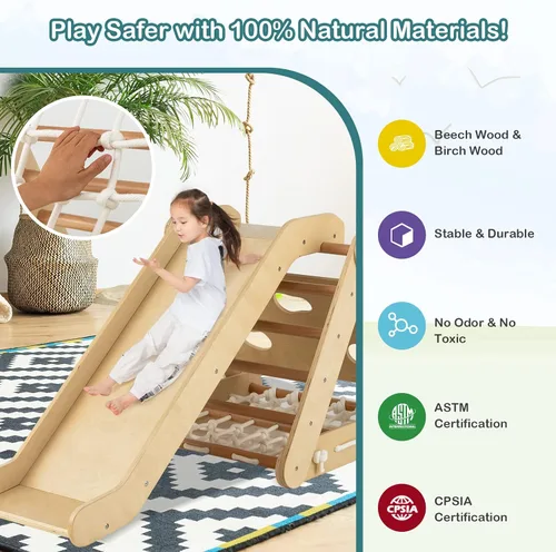 Miniatura 3 de Costzon Juguete de escalada 4 en 1 para niños pequeños, trepador de triángulo de madera Montessori de 3 lados con rampa deslizante, red de escalada