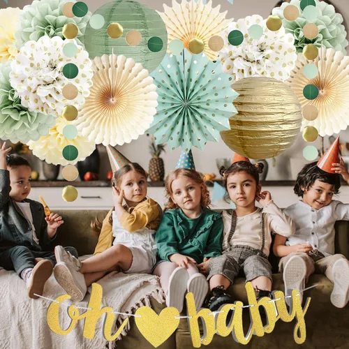 Miniatura 4 de Decoraciones de baby shower verde salvia Oh Baby Banner de papel de seda, pompones de flores, abanicos de papel, guirnalda de puntos circulares