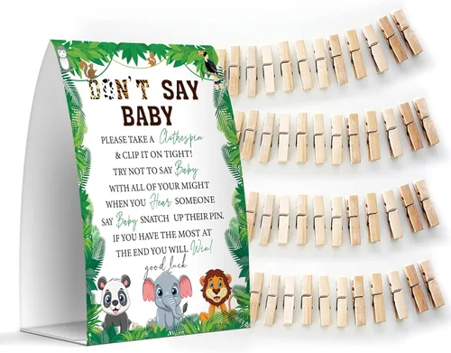 Miniatura 17 de Juego de texto en inglés "Don't Say Baby", un letrero de 5 x 7 pulgadas y 50 mini pinzas para la ropa, juegos de baby shower, decoración de baby
