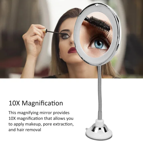 Miniatura 6 de Espejo de aumento giratorio de 360°, funciona con pilas, aumento de 10X, flexible, inalámbrico, cuello de ganso, luz de relleno LED, ventosa, cuello
